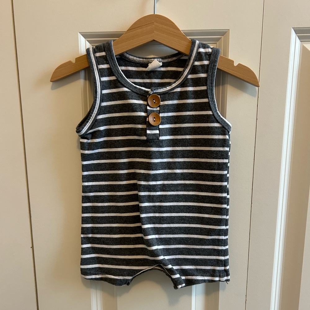 Striped Gray & White Sleeveless Baby One-Piece